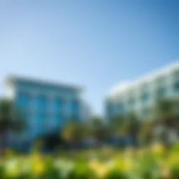 Campus view showcasing modern architecture and greenery