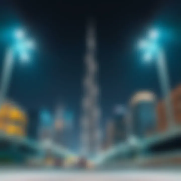 Night view of Burj Khalifa illuminated against the Dubai skyline