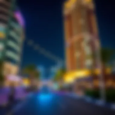 The vibrant nightlife around chic towers, illuminated against the night sky.