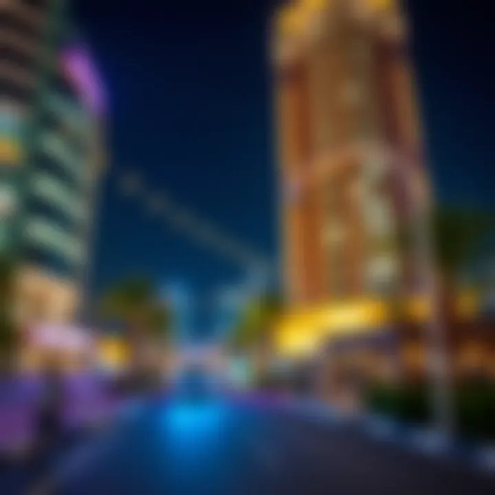 The vibrant nightlife around chic towers, illuminated against the night sky.