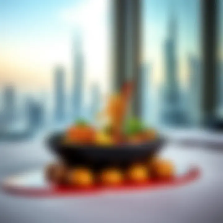 Gourmet Dish with Skyline View Gourmet dish presented against a skyline backdrop