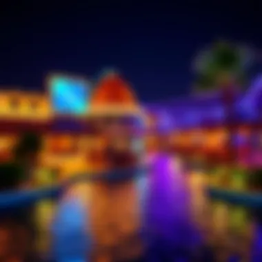 Vibrant nightlife scene at Blue Waters Island with lit restaurants and entertainment venues