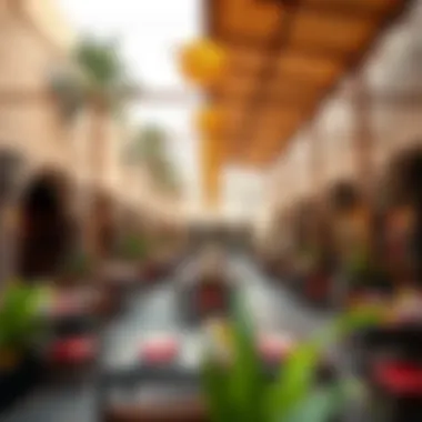 Cultural Ambiance in Outdoor Dining An inviting outdoor dining area at Global Village with cultural decorations