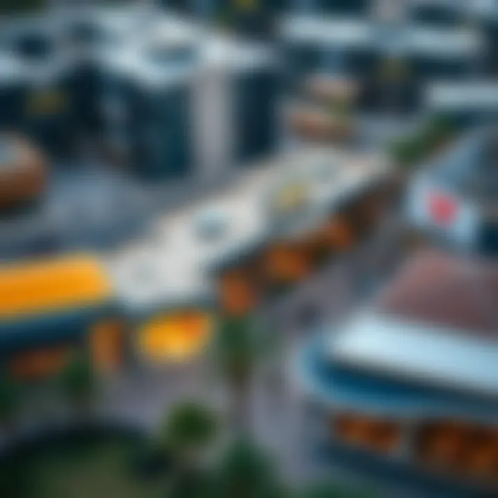 Aerial view of a bustling community with shops and cafes