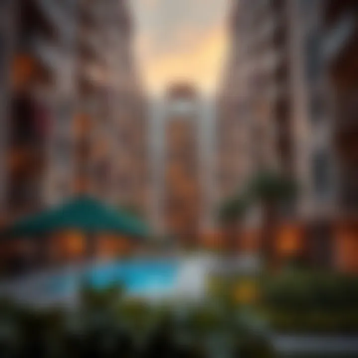 Modern apartment complex with vibrant amenities