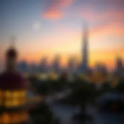 A vibrant view of Dubai's skyline illuminated at sunset during Ramadan.