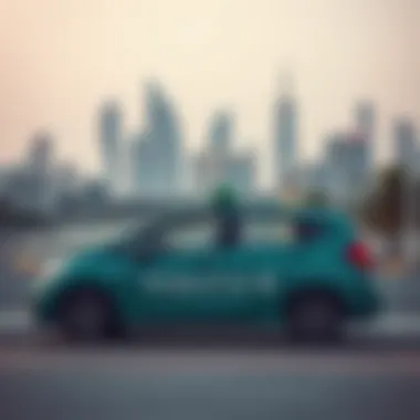 Rideshare Option with City Skyline A rideshare vehicle parked with the city skyline in the background