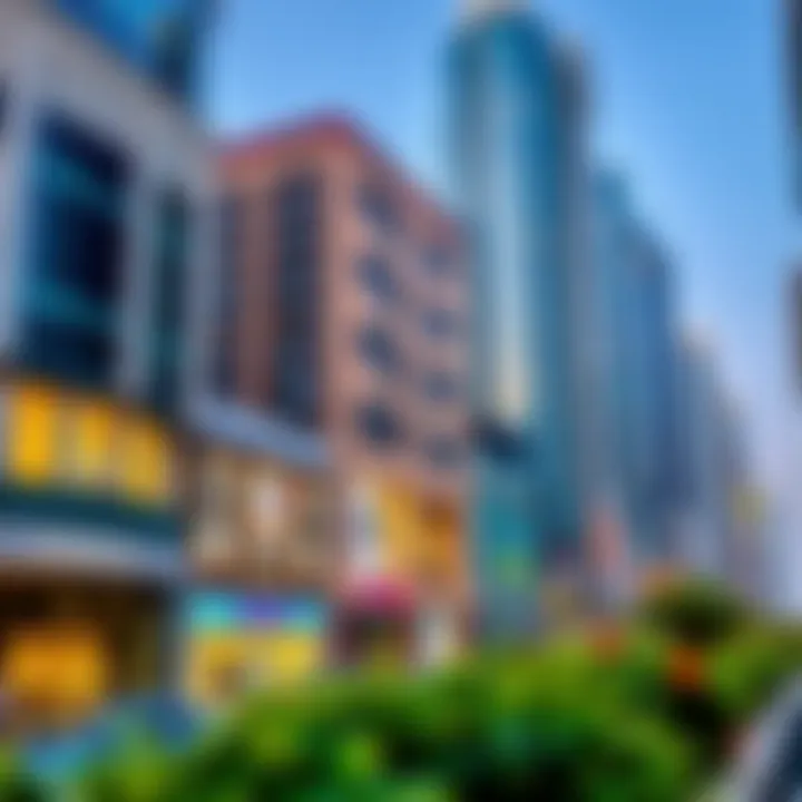 A vibrant commercial district bustling with activity and modern architecture